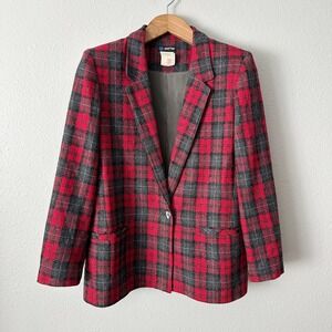 Vintage Pan-Her Wool Red Plaid Blazer Women's Size 13/14 Modern Size 12 Academia